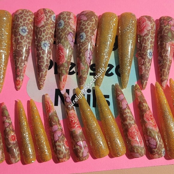 Floral Orange Shimmer Leopard Print Stiletto Press on Nails - Picture 4 of 4